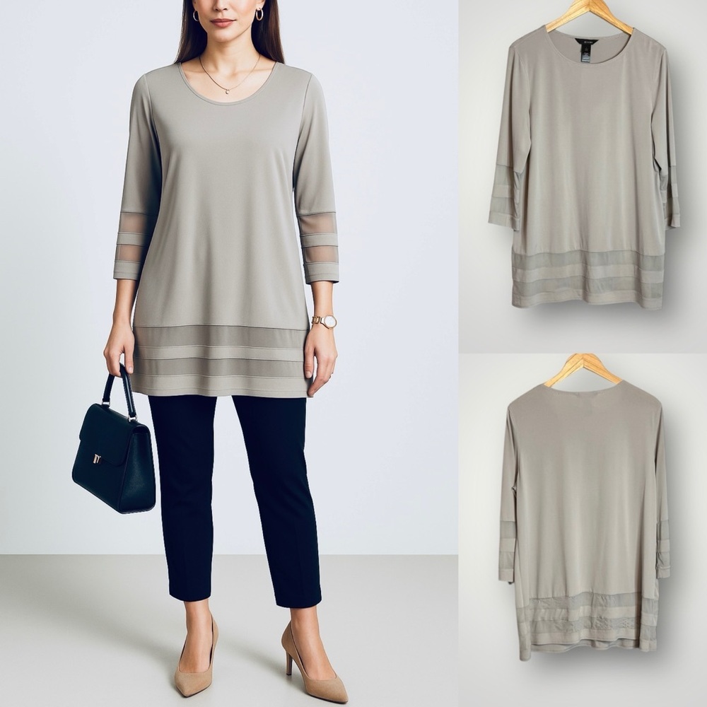 Ali Miles Sheer Panel Tunic Blouse Size Large Long Sleeve Stretch Top Gray